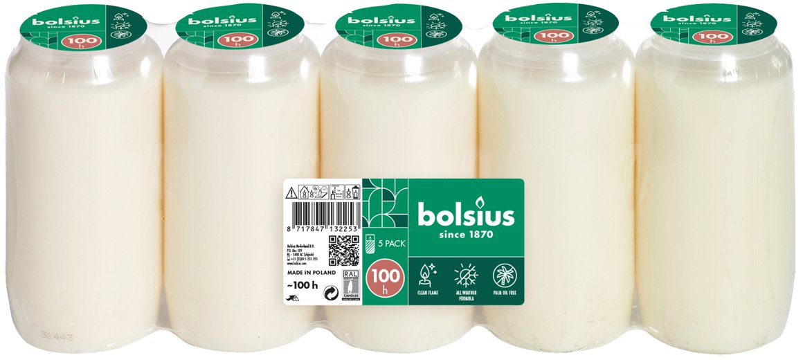 Bolsius leiðiskerti hvít 100klst 5stk