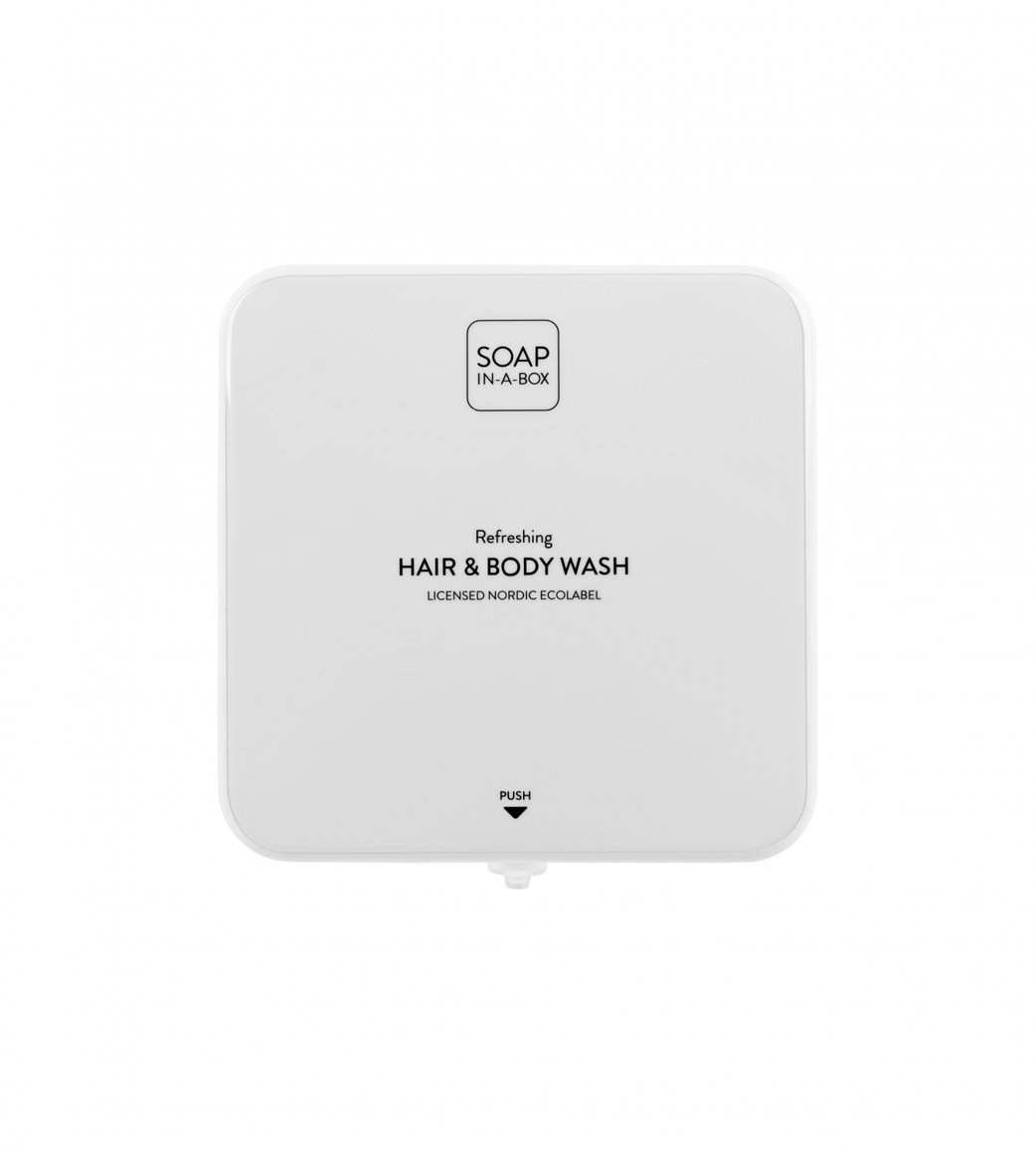 Soap in a Box framhlið hvít Hár-& húðsápuskammtari